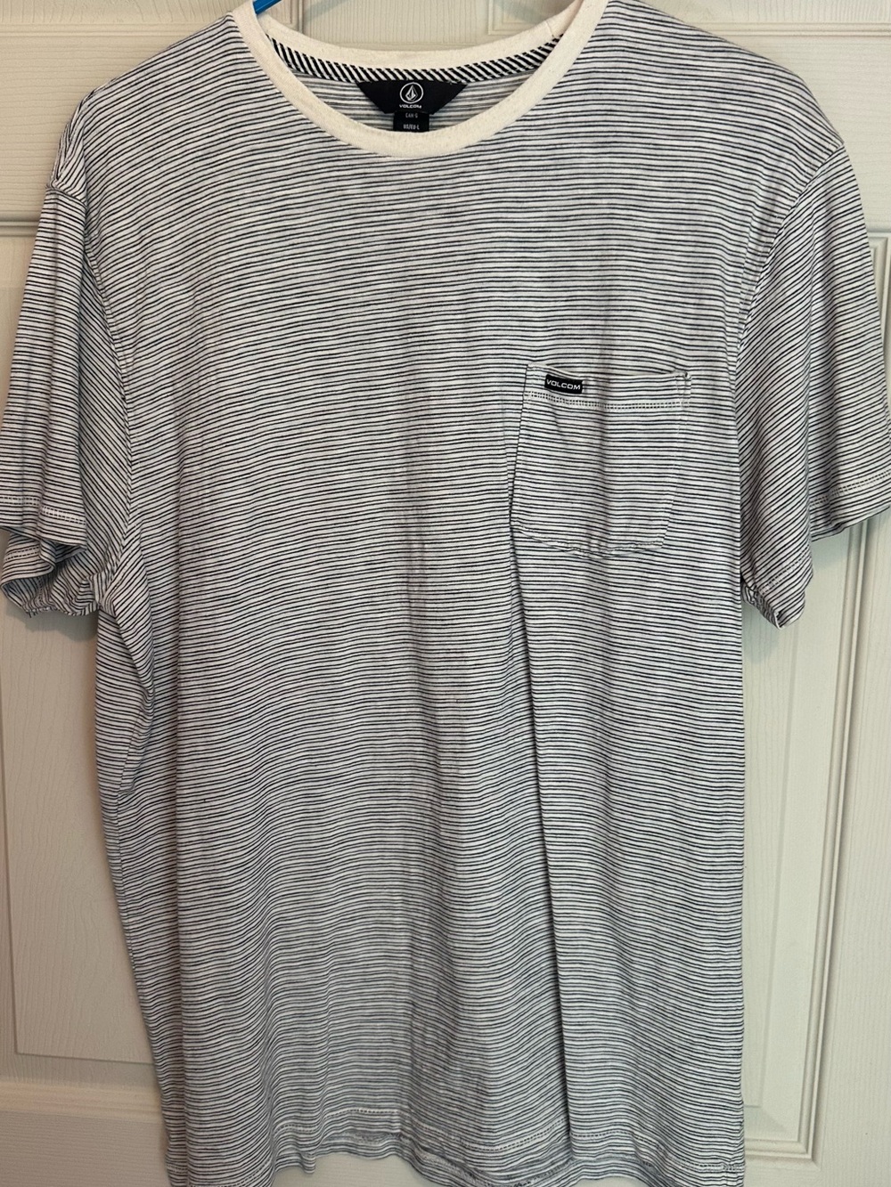 Volcom Men’s White and Gray Narrow-Striped Pocket Tee
